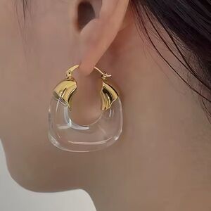 Anthropologie Clear Acrylic Gold Organic Lucite Hoop Earrings Pierced JA08